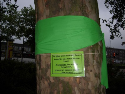 Operation Long Live GRÜNE schmücken bedrohte Bäume an der Mercatorstraße!